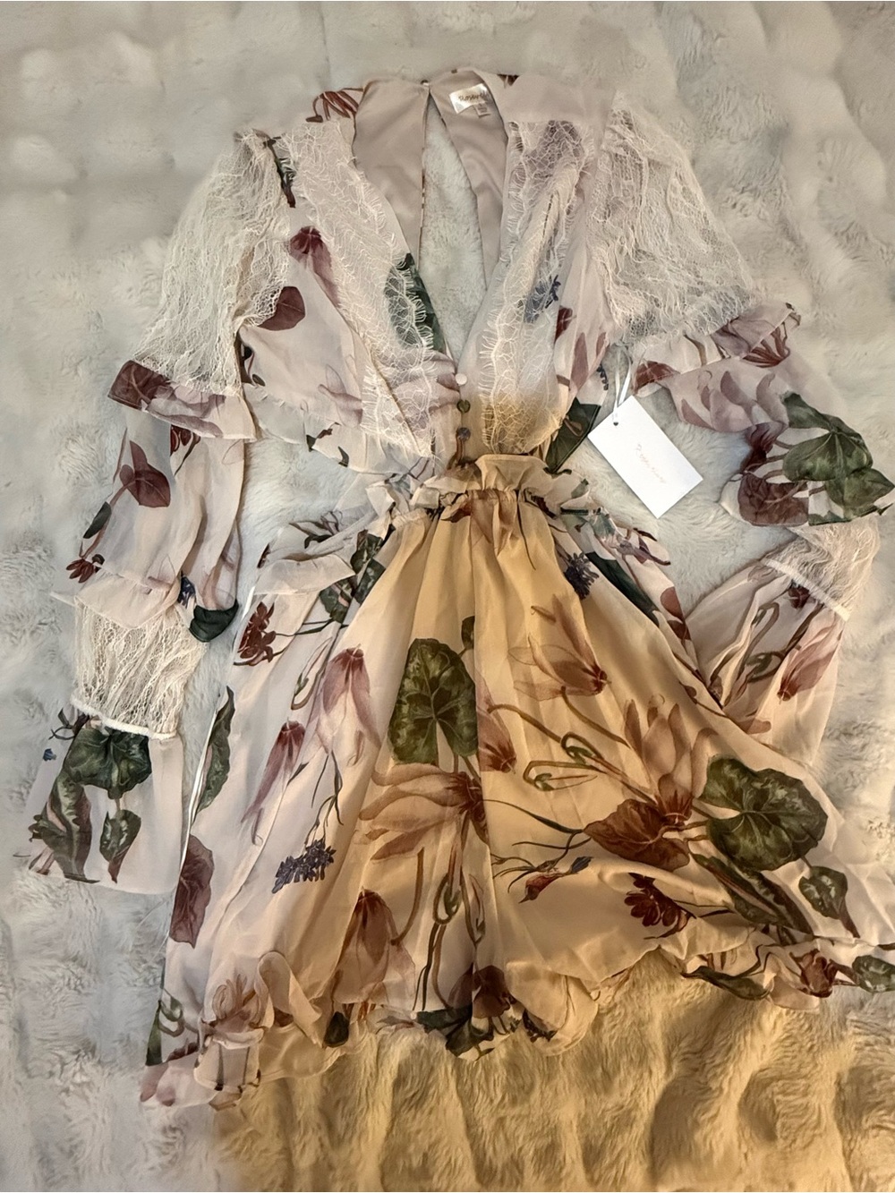 Velvet Floral Lace-Trim Mini Dress in Blush, Green and Brown